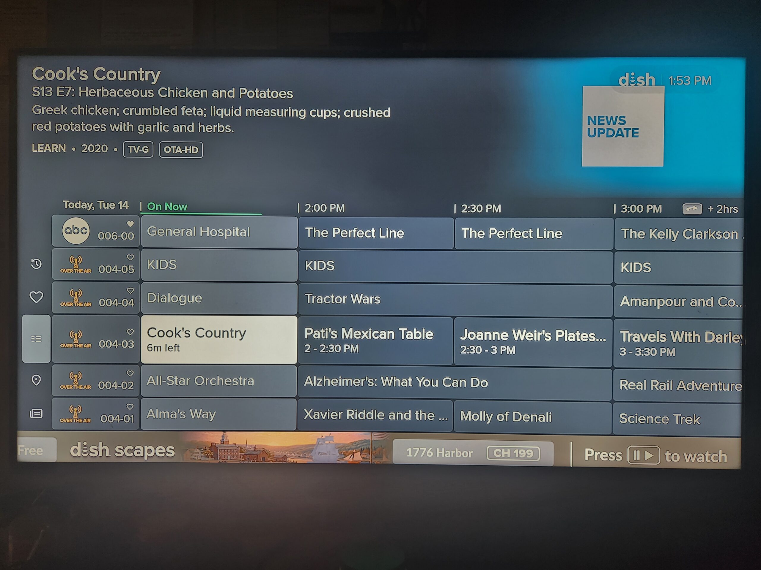 Local antenna channels listed inside the DISH channel guide alongside satellite channels